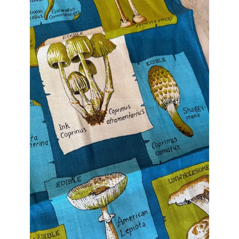 Vintage Mushroom Story Linen Tea Dish Towel Blue Green